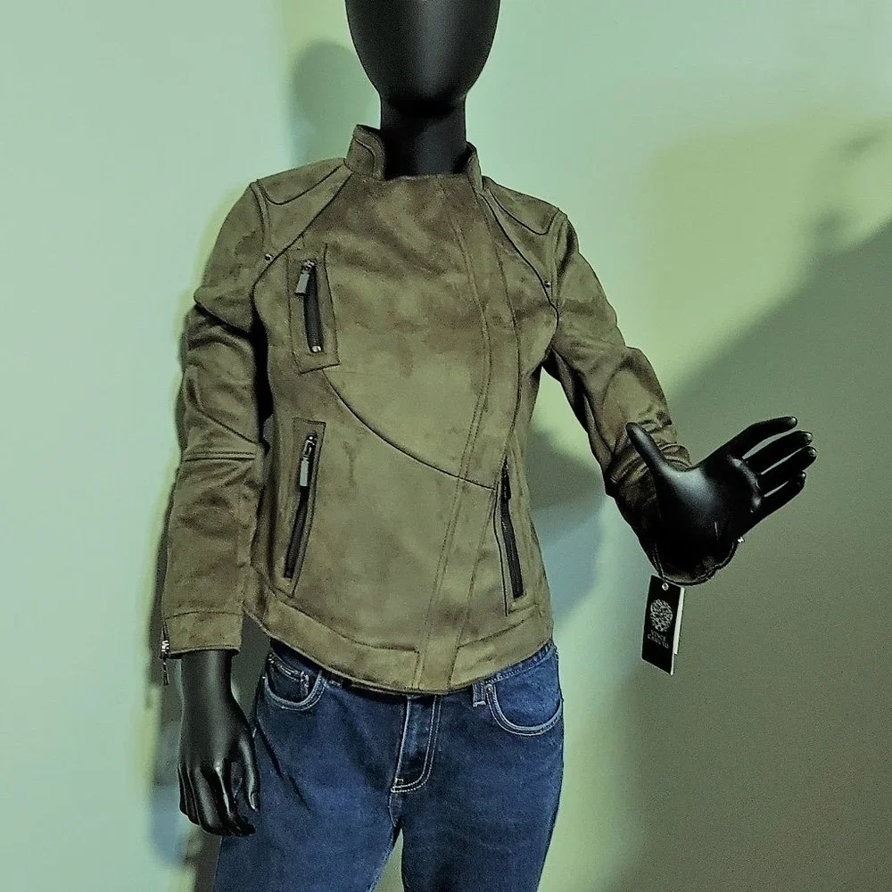 NWT Vince Camuto Woman's Olive Vegan Suede Moto Jacket - Picture 9 of 12
